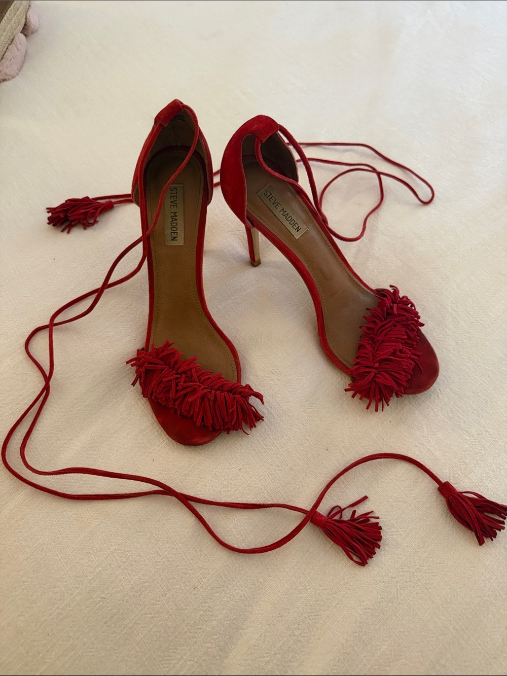Steve Madden Red Suede Fringe Lace-Up Heels